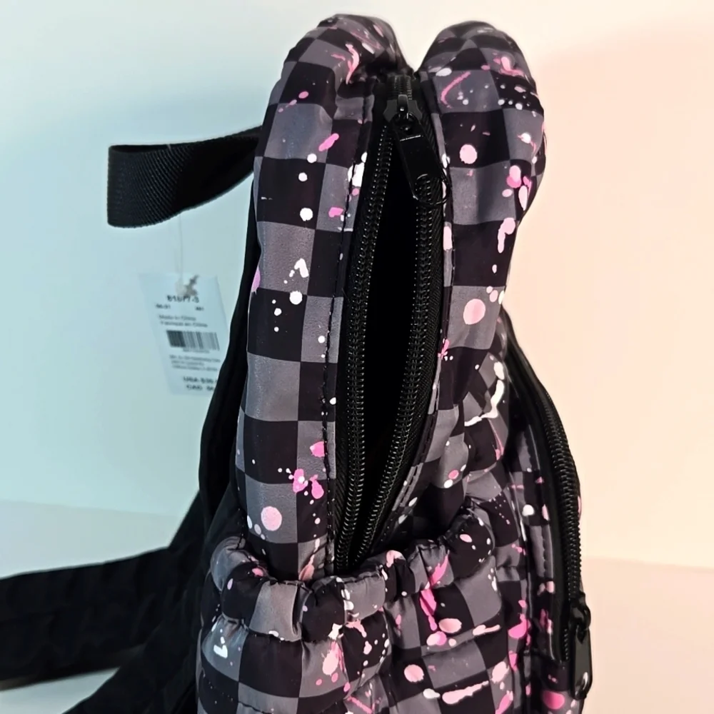 NWT Checkered Backpack with Pink and White Splatter Zippered Padded